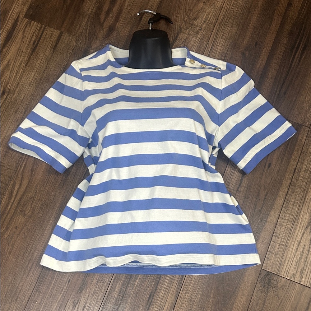 J.Crew Striped Tee Women’s Size Large Blue White Gold Buttons - Picture 2 of 6
